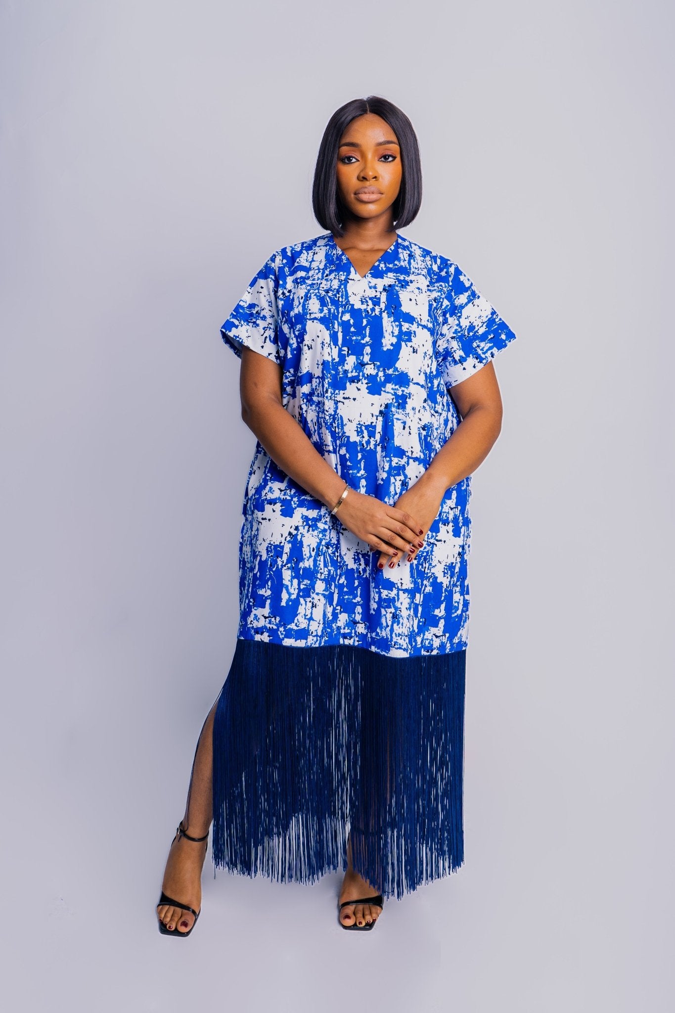 Blue Ankara Print Bou Bou with Fringe - FASHKLO