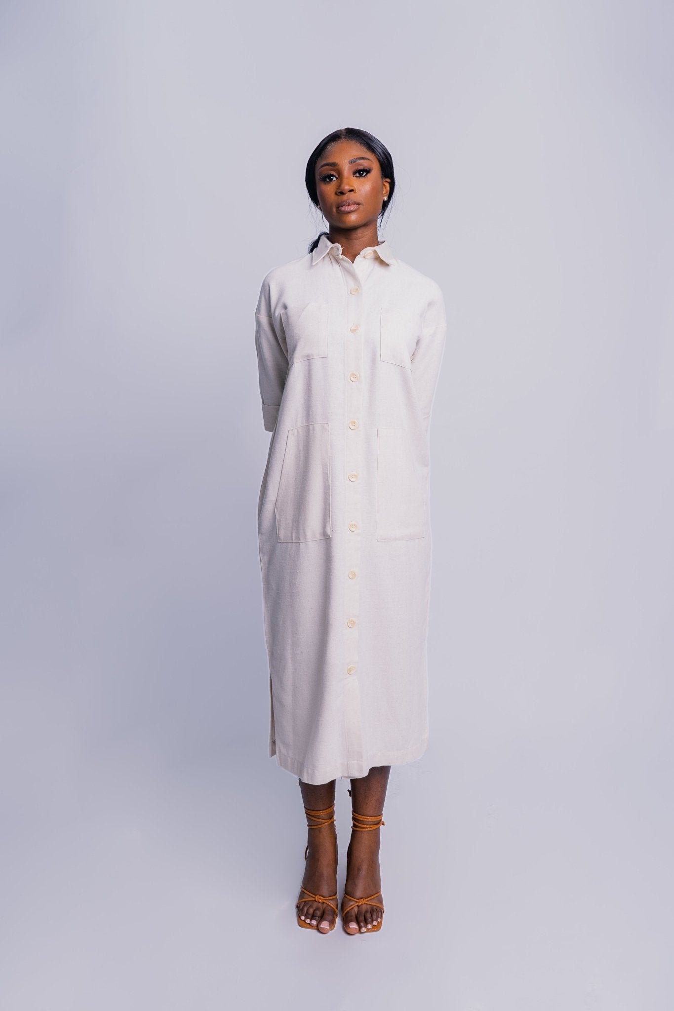 Cream Linen tone Shirt Dress - FASHKLO