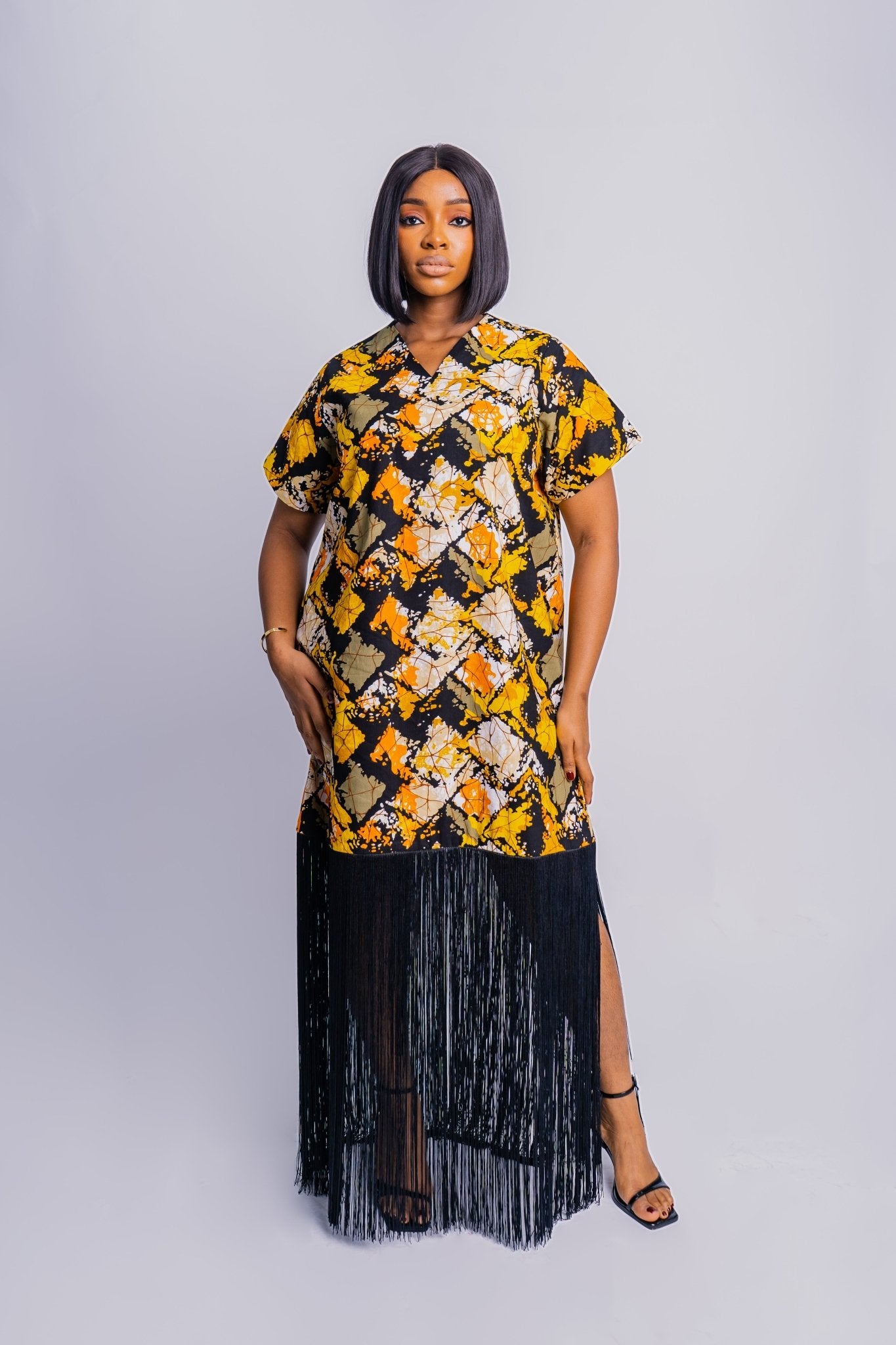 Yellow and Black Ankara Print Bou Bou with Fringe - FASHKLO